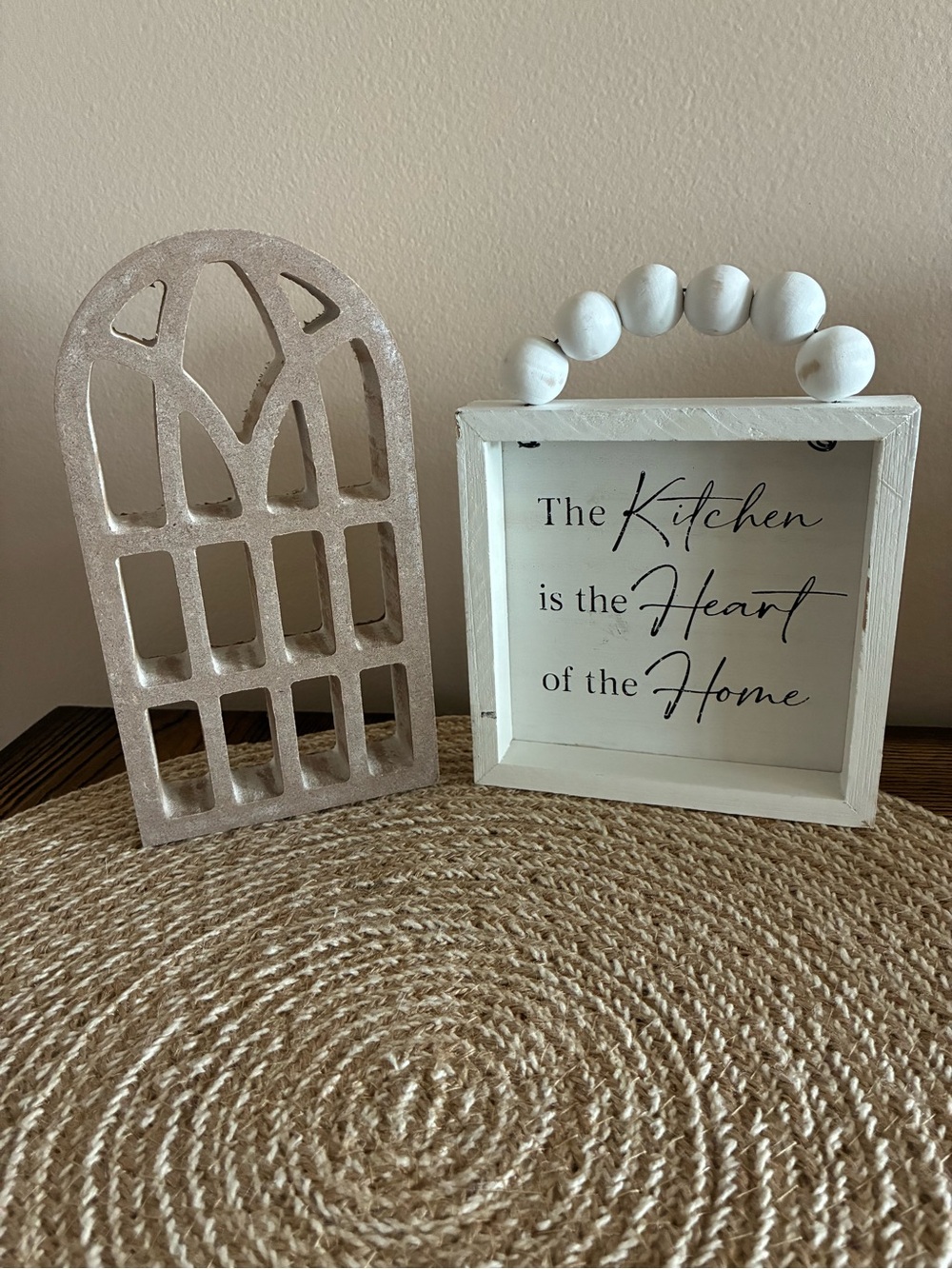 Farmhouse White Beaded Square Plaque & Wooden Rustic Cathedral Window. Set